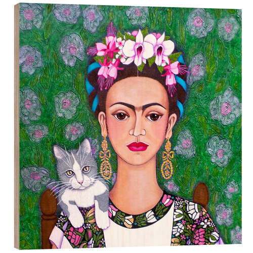 Wood print Frida Kahlo cat lover (detail)