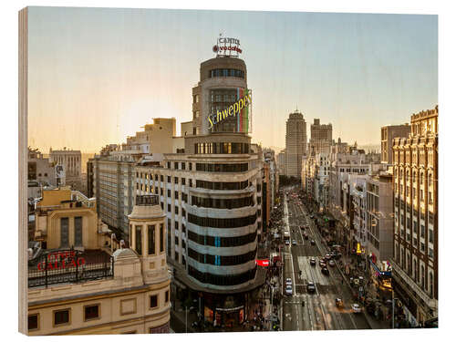 Holzbild Gran Via im Abendlicht