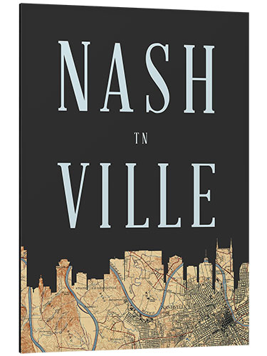 Tableau en aluminium Nashville Map Skyline, Tennessee