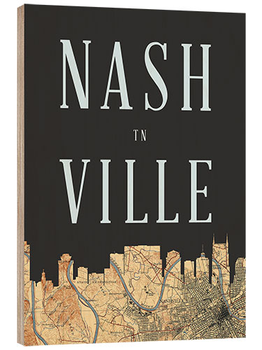Obraz na drewnie Nashville Map Skyline, Tennessee