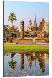 Aluminium print Wat Mahathat buddhist temple reflected in pond, Sukhothai, Thailand