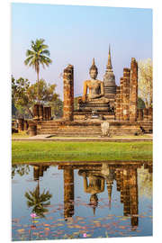 Foam board print Wat Mahathat buddhist temple reflected in pond, Sukhothai, Thailand