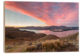 Holzbild Landschaft: Littleton Bucht bei Sonnenaufgang, Neuseeland