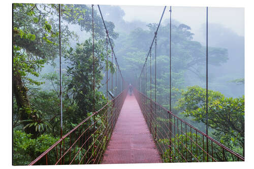 Obraz na aluminium Hiker on a suspension bridge, Costa Rica