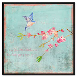 Gerahmter Kunstdruck Vogel Gezwitscher Wetter- Frühling und Kirschblüten