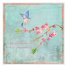 Póster  Bird chirping - Spring and cherry blossoms - UtArt