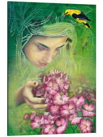 Aluminiumsbilde Spring girl with oriole and flowers