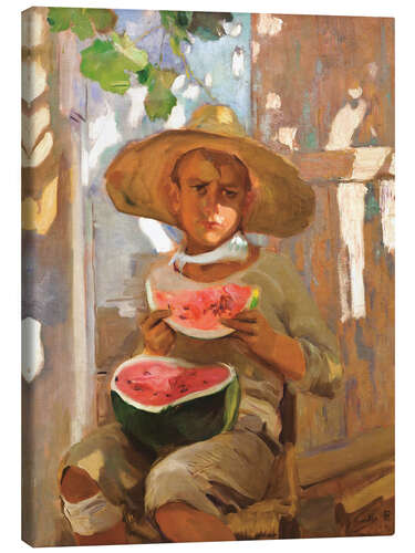Leinwandbild Junge mit Wassermelone
