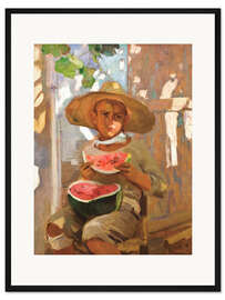 Gerahmter Kunstdruck Junge mit Wassermelone