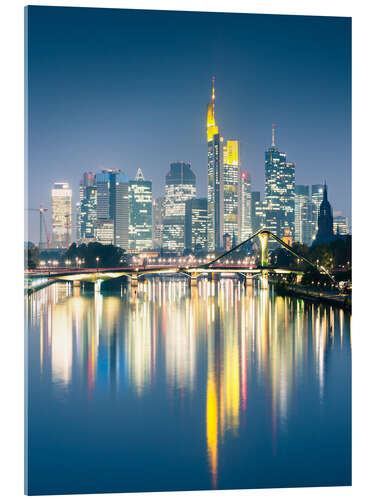 Acrylic print Frankfurt skyline reflected in river Main at night, Germany