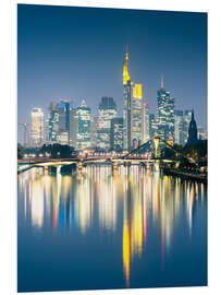 Foam board print Frankfurt skyline reflected in river Main at night, Germany