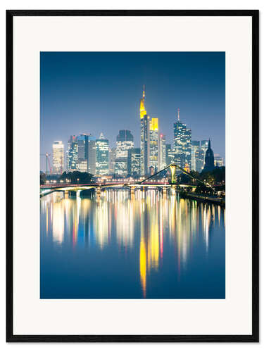 Framed art print Frankfurt skyline reflected in river Main at night, Germany