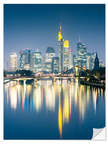 Wandsticker Frankfurt Skyline spiegelt sich im Fluss Main in der Nacht, Deutschland