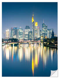 Selvklebende plakat Frankfurt skyline reflected in river Main at night, Germany