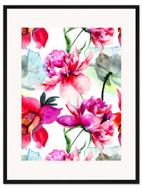 Gerahmter Kunstdruck Mohnblumen und Pfingstrosen