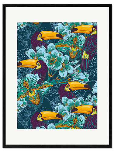 Inramat konsttryck Tropical flowers with toucan