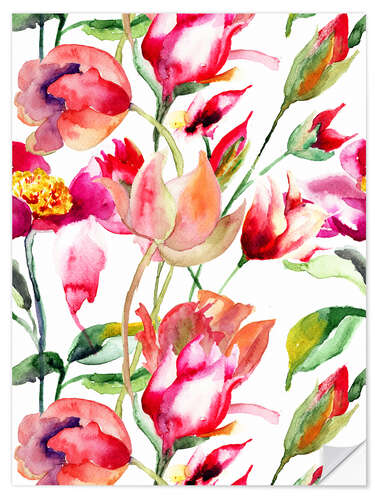 Selvklebende plakat Summer flowers in watercolor