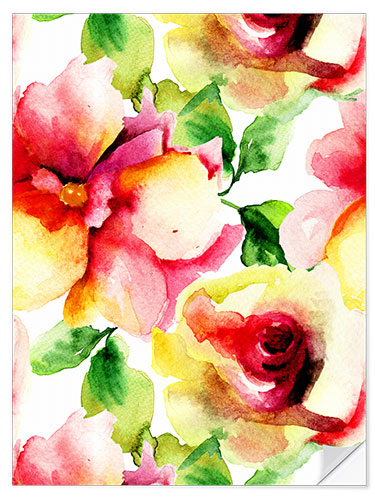 Selvklebende plakat Watercolor painting with rose petals