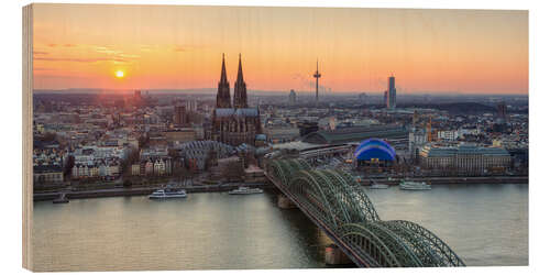 Holzbild Panoramablick auf Köln bei Sonnenuntergang