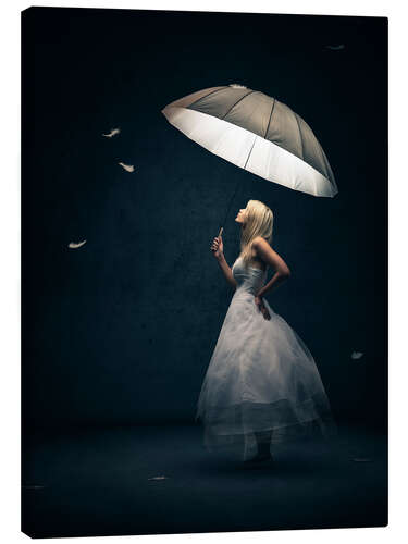 Canvastavla Girl with umbrella and falling feathers