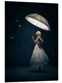 Foam board print Girl with umbrella and falling feathers