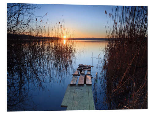 Foam board print Landscape: wooden jetty at sunset on lake Varese, Italy