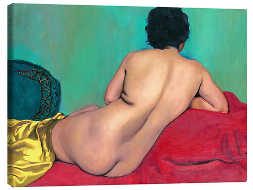 Canvas print Nude from behind on a red sofa