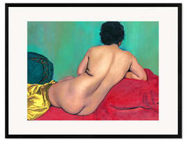 Ingelijste kunstdruk Nude from behind on a red sofa