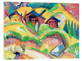 Foam board print Three cottages on the hill, red cabins