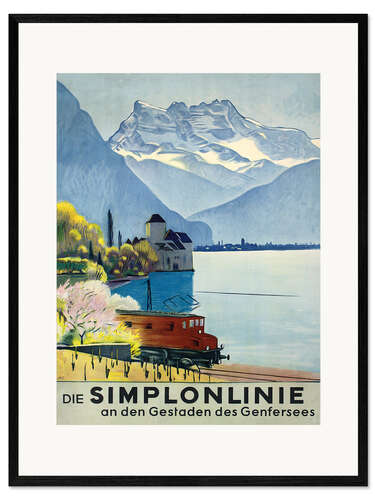 Impression artistique encadrée Simplonlinie, train au lac Léman