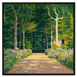 Gerahmter Kunstdruck Hortensien an einem Gartenweg