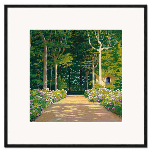Ingelijste kunstdruk Hydrangeas on a garden path