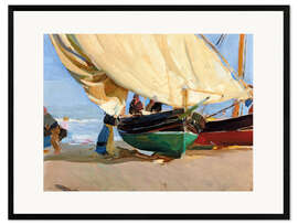 Gerahmter Kunstdruck Fischer, verankerte Boote, Valencia.