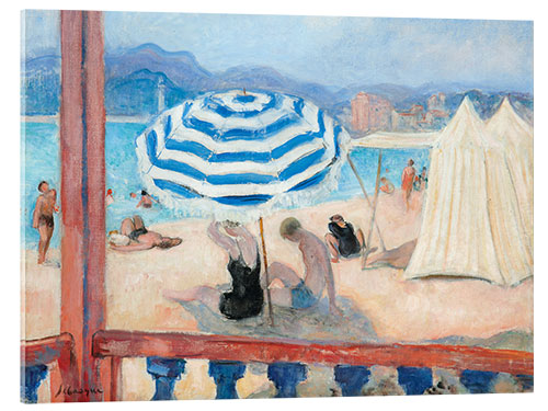 Cuadro de metacrilato Cannes, blauer Sonnenschirm und Zelte