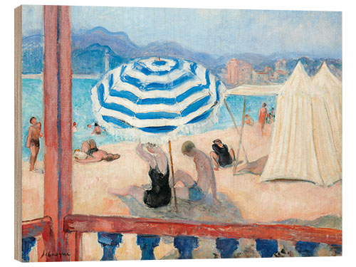 Tableau en bois Cannes, parasol bleu et tentes