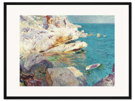 Gerahmter Kunstdruck Felsen von Jávea und weißes Boot
