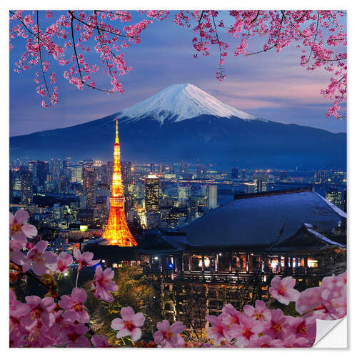 Selvklebende plakat Tokyo Tower og Fuji-fjellet