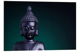 Quadro em alumínio Statue of the Buddha with green back light