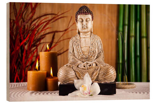 Wood print Buddha with candle