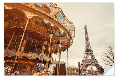 Självhäftande poster carousel and the Eiffel Tower at sunset