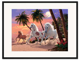 Gerahmter Kunstdruck Weiße Pferde am Strand
