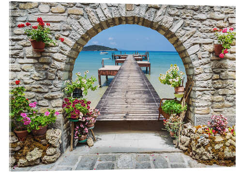 Acrylic print Ocean view through a stone arch