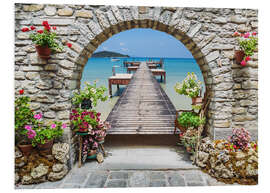 Foam board print Ocean view through a stone arch