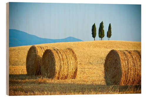 Wood print Tuscany landscape with straw bales