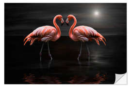 Selvklebende plakat Flamingos at night