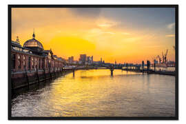 Gerahmter Kunstdruck Hamburg - historischer Fischmarkt bei Sonnenaufgang