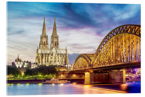 Acrylglasbild Beleuchteter Dom in Köln mit Brücke und Rhein