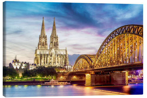 Canvas print Lighted Cathedral with Rhine and Bridge, Cologne