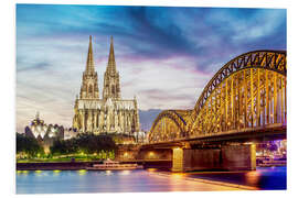 Foam board print Lighted Cathedral with Rhine and Bridge, Cologne