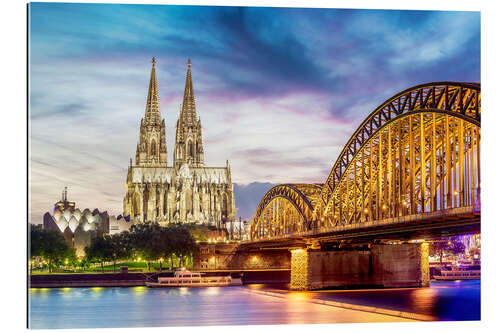 Tableau en plexi-alu Cathédrale de Cologne illuminée avec le Rhin